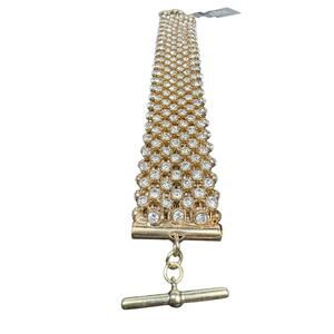 Chunky Crystal Statement Bracelet Gold Tone Wide Cuff Toggle Clasp 7.5”